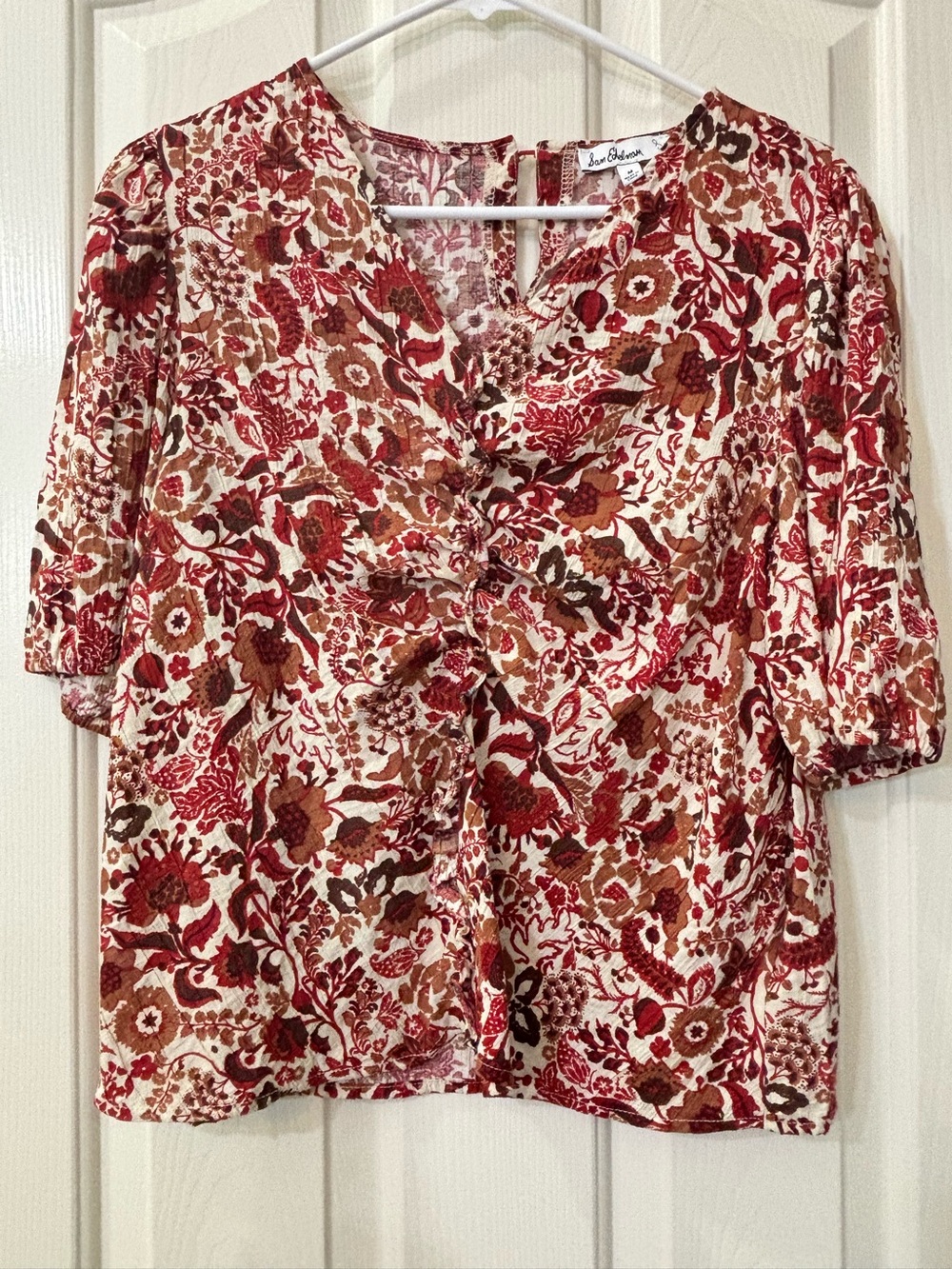 Sam Edelman Red Floral Ruched V Neck Women's Top